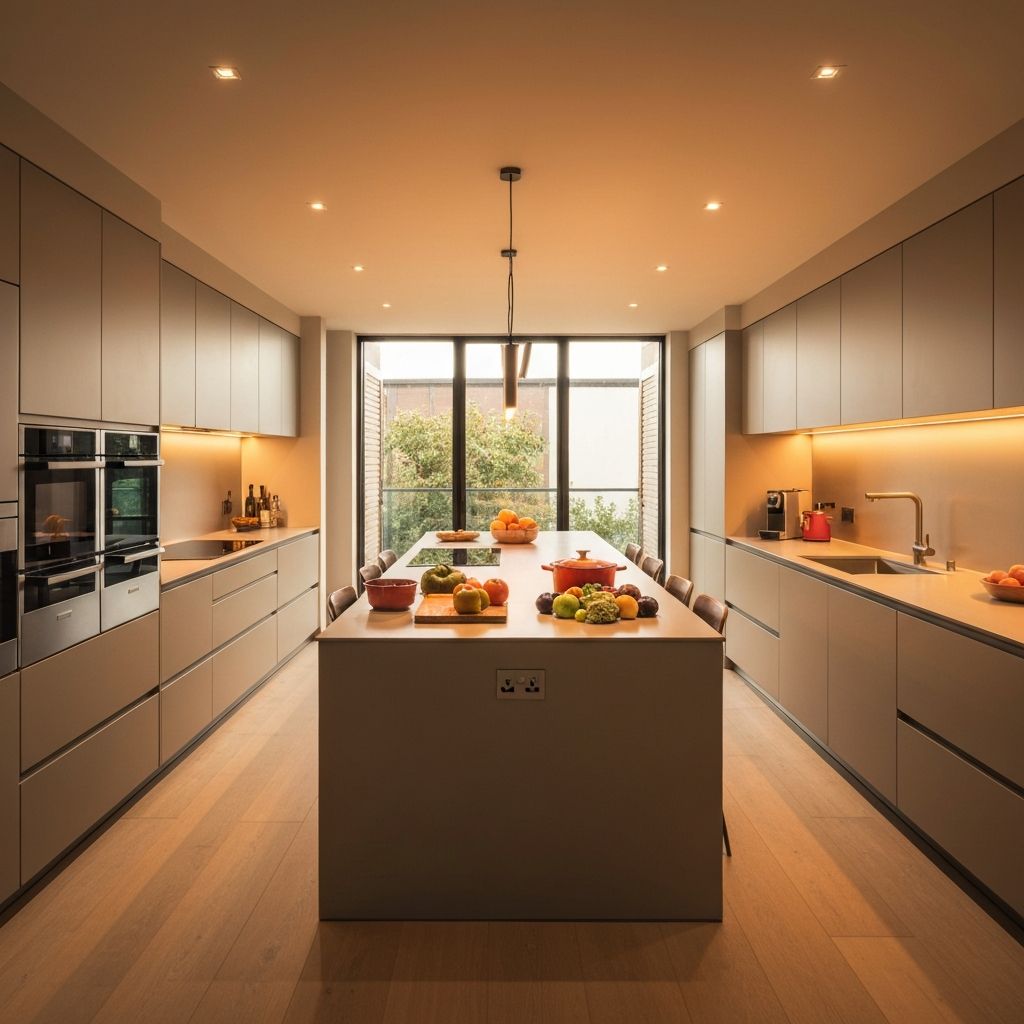 Luxury modern kitchen with warm lighting